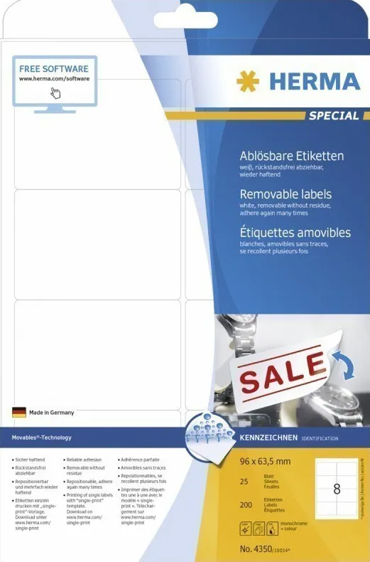 Etichete autoadezive dezlipibile Herma 4350 A4 96x63,5 mm alb 200 buc