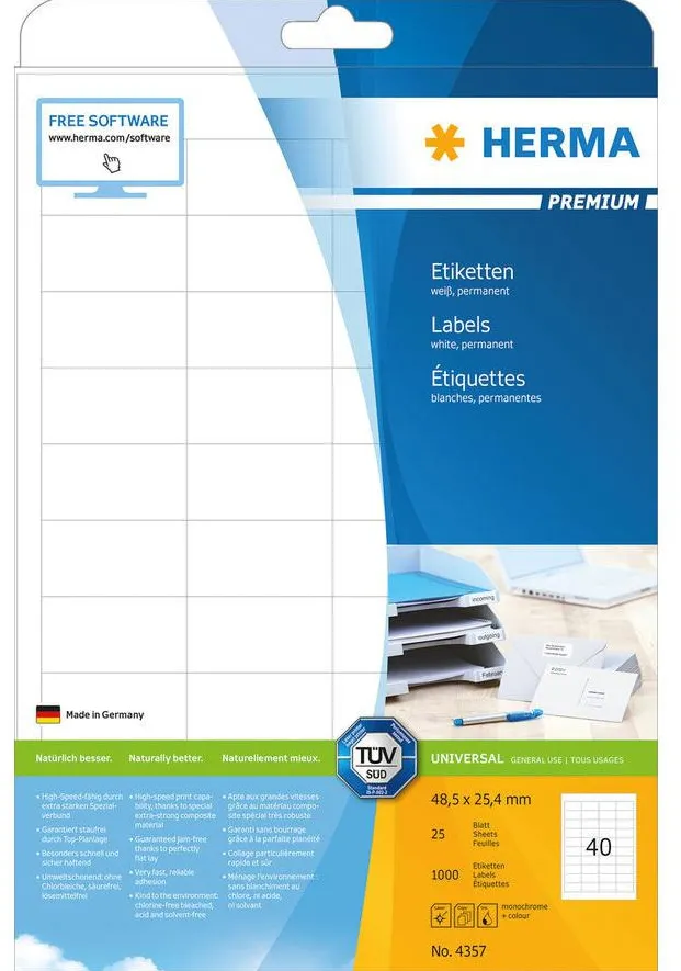 Etichete autoadezive Herma 4357 A4 48,5x25,4 mm hartie mata alb 1000 buc