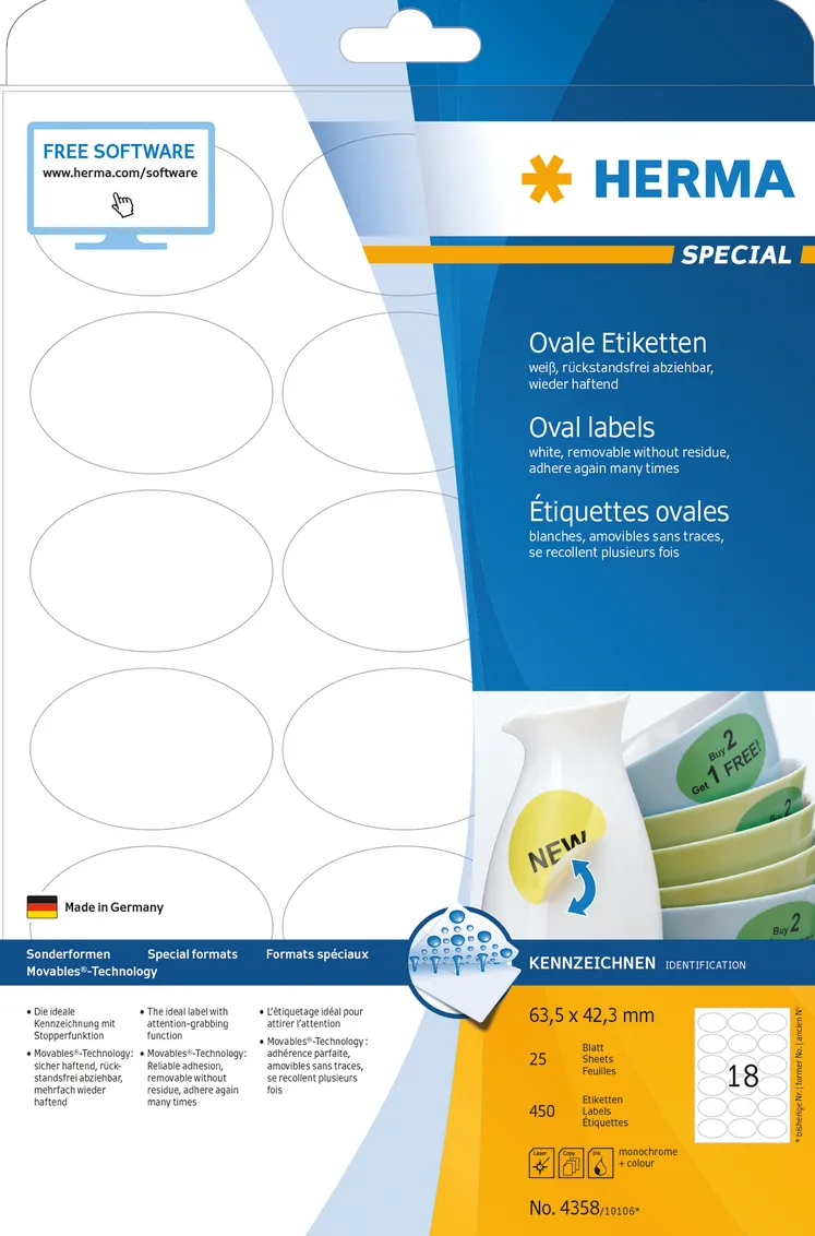 Etichete autoadezive dezlipibile Herma 4358 A4 ovale 63,5x42,3 mm alb 450 buc