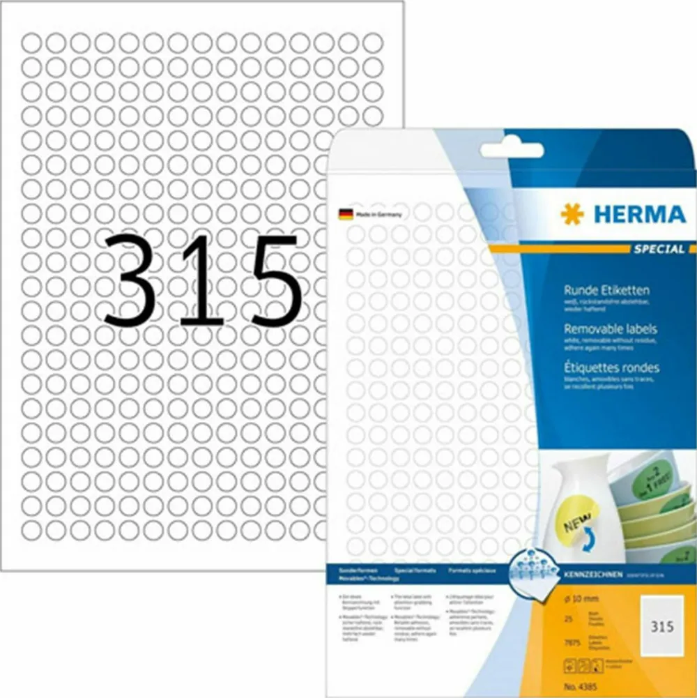 Etichete autoadezive dezlipibile Herma 4385 A4 rotunde 10 mm alb 7875 buc