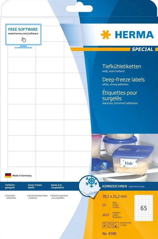 Etichete autoadezive pentru congelator Herma 4388 A4 38,1x21,2 mm alb 1625 buc
