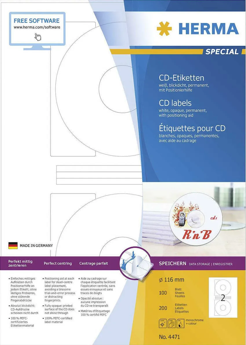 Etichete autoadezive pentru CD Herma 4471 A4 116 mm alb opace 200 buc