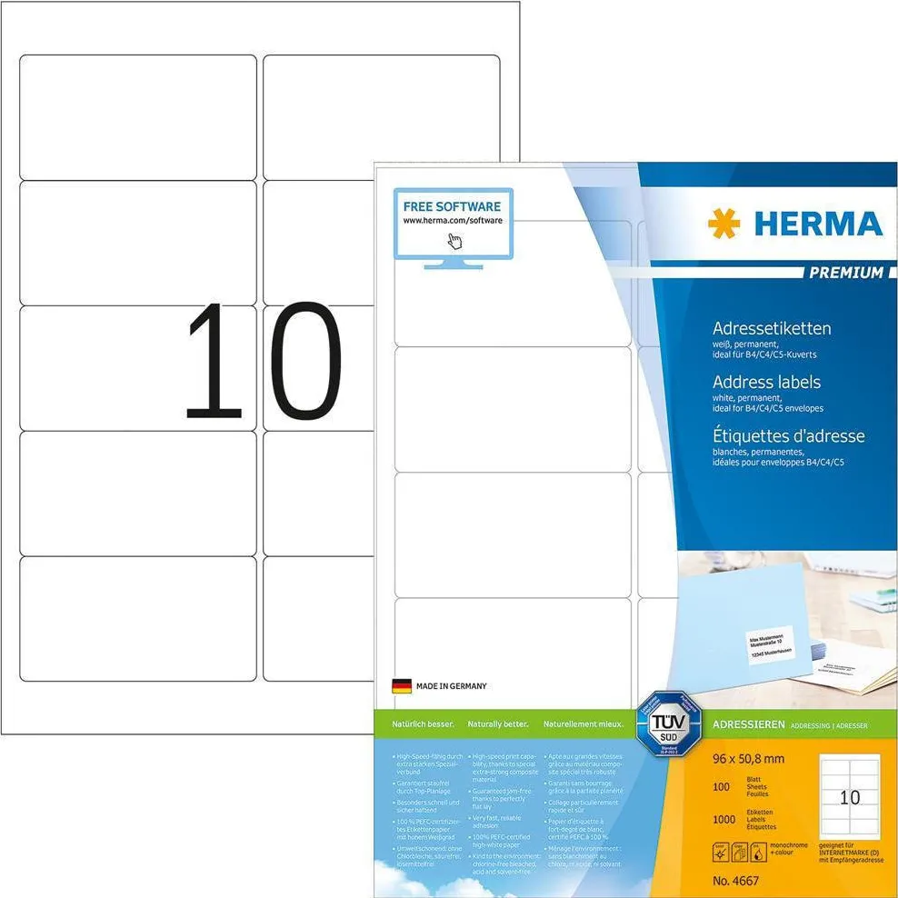 Etichete autoadezive pentru adrese Herma 4667 A4 96x50,8 mm alb 1000 buc