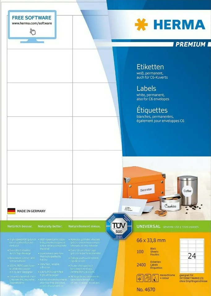Etichete autoadezive Herma Premium A4 4670 66x33,8 mm alb 2400 buc