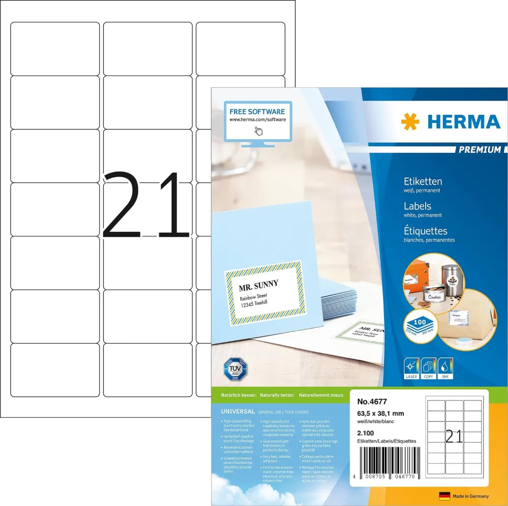 Etichete autoadezive pentru adrese Herma 4677 A4 63,5x38,1 mm alb mat 2100 buc