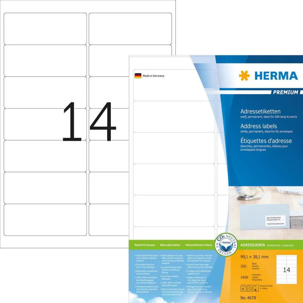 Etichete autoadezive pentru adrese Herma 4678 A4 99,1x38,1 mm alb 1400 buc