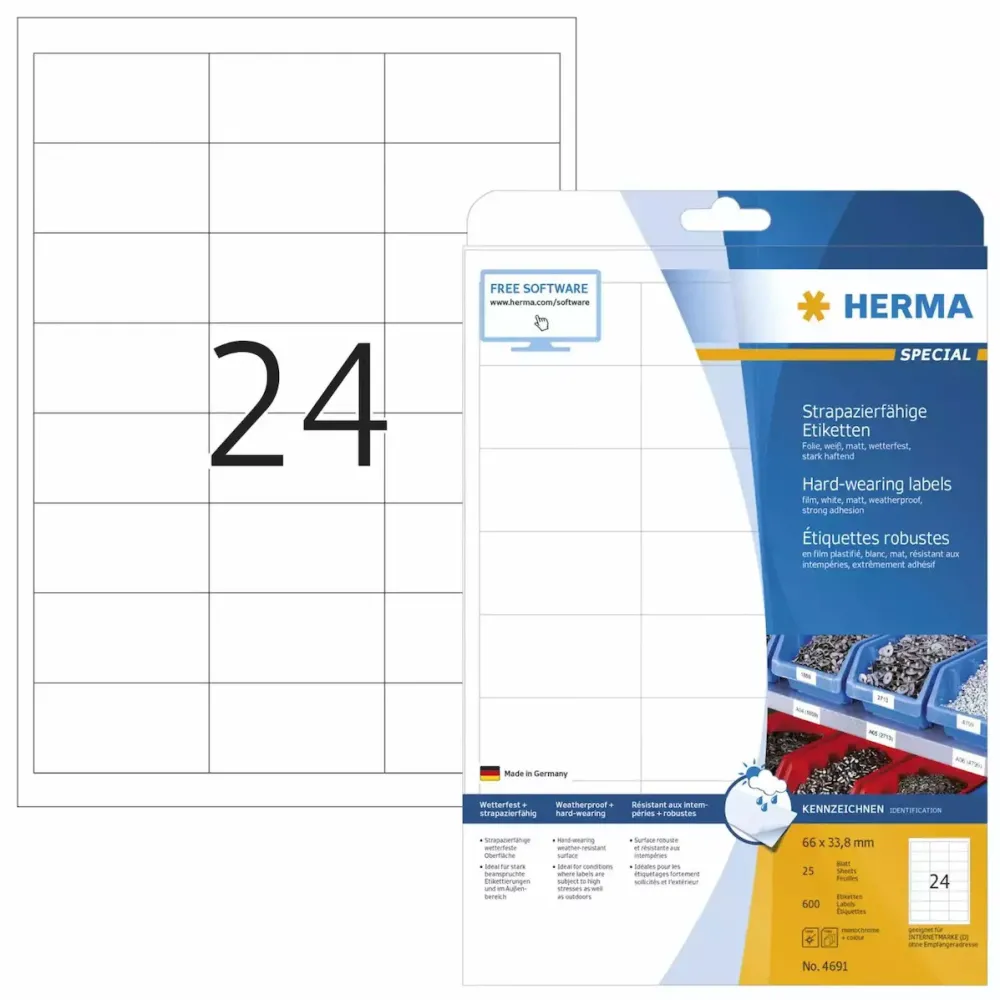 Etichete autoadezive rezistente Herma 4691 A4 66x33,8 mm alb folie 600 buc