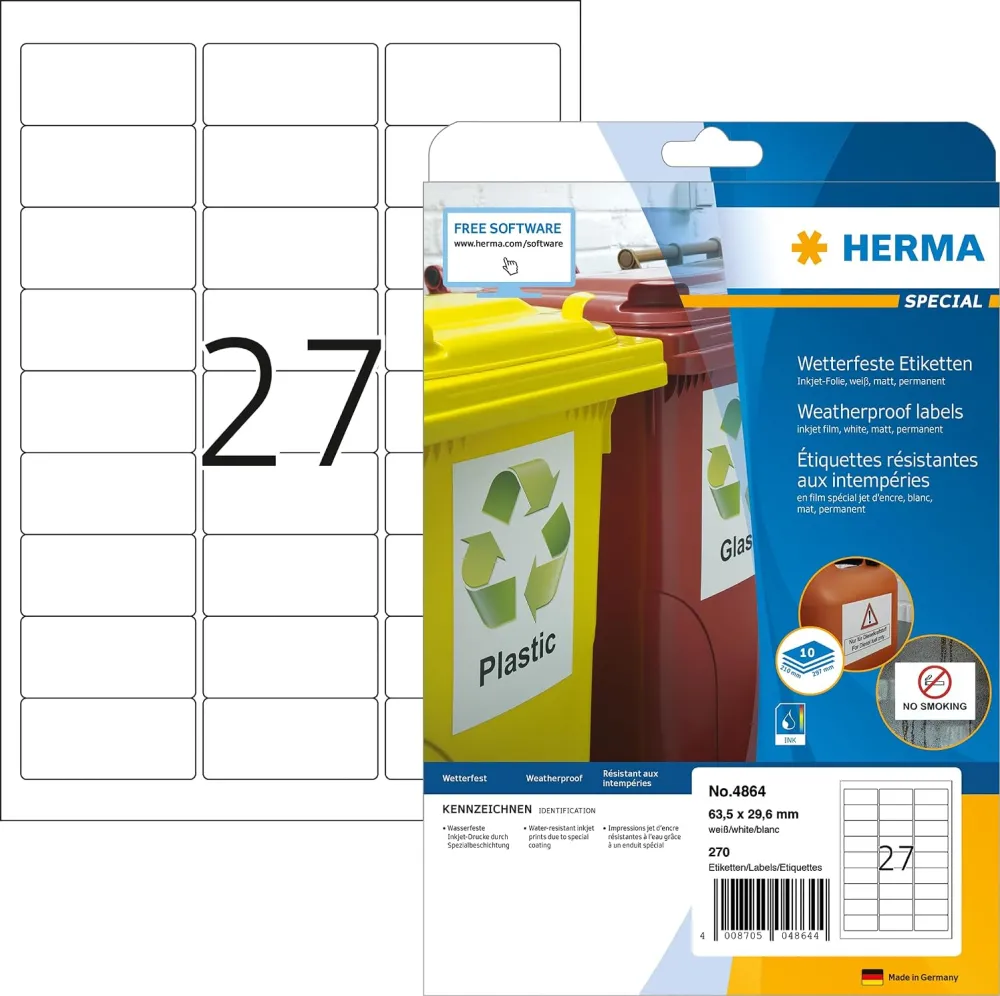 Etichete autoadezive Herma 4864 inkjet A4 63,5x29,6 mm alb rezistente la intemperii 270 buc