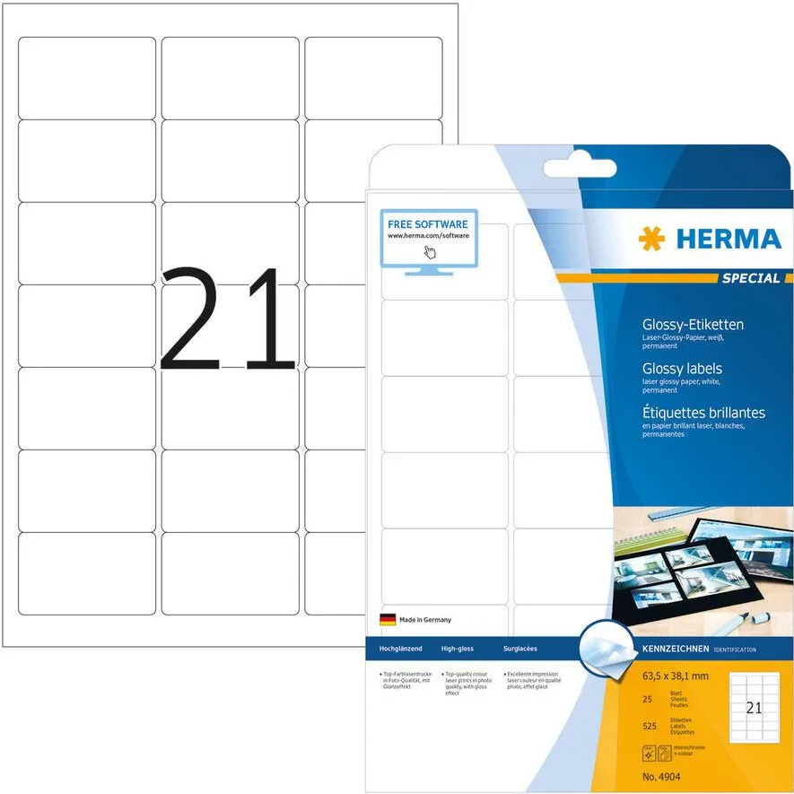 Etichete autoadezive Herma 4904 A4 63,5x38,1 mm alb lucios 525 buc