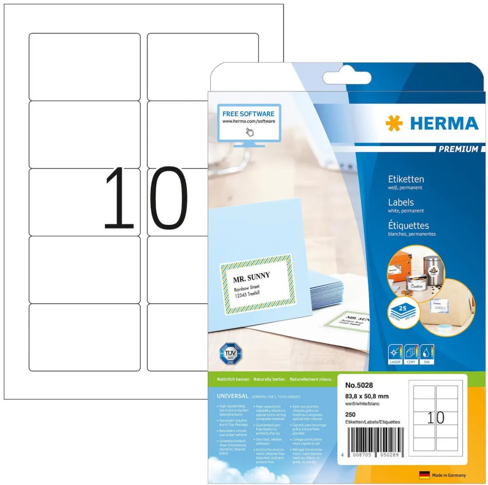 Etichete autoadezive Herma Premium A4 5028 83,8x50,8 mm alb 250 buc