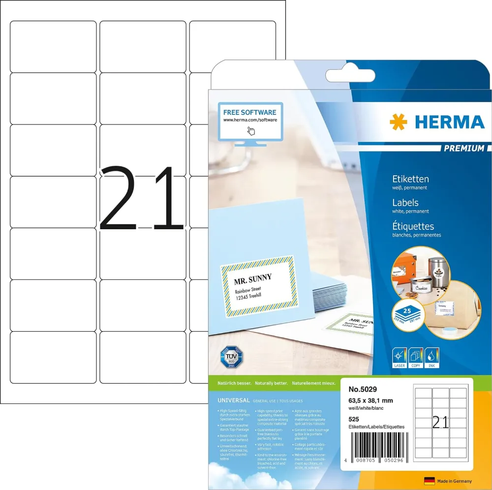 Etichete autoadezive pentru adrese Herma 5029 A4 63,5x38,1 mm alb 525 buc