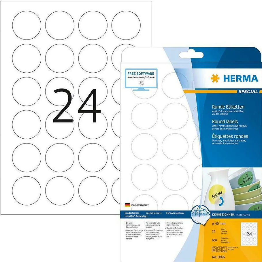 Etichete autoadezive rotunde Herma 5066 A4 40 mm alb detasabile 600 buc