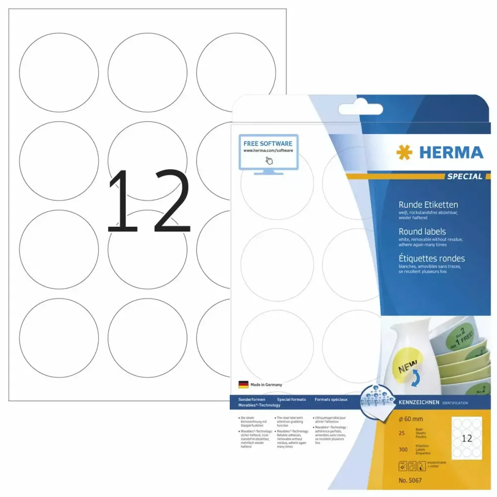 Etichete autoadezive rotunde Herma 5067 A4 60 mm alb detasabile 300 buc