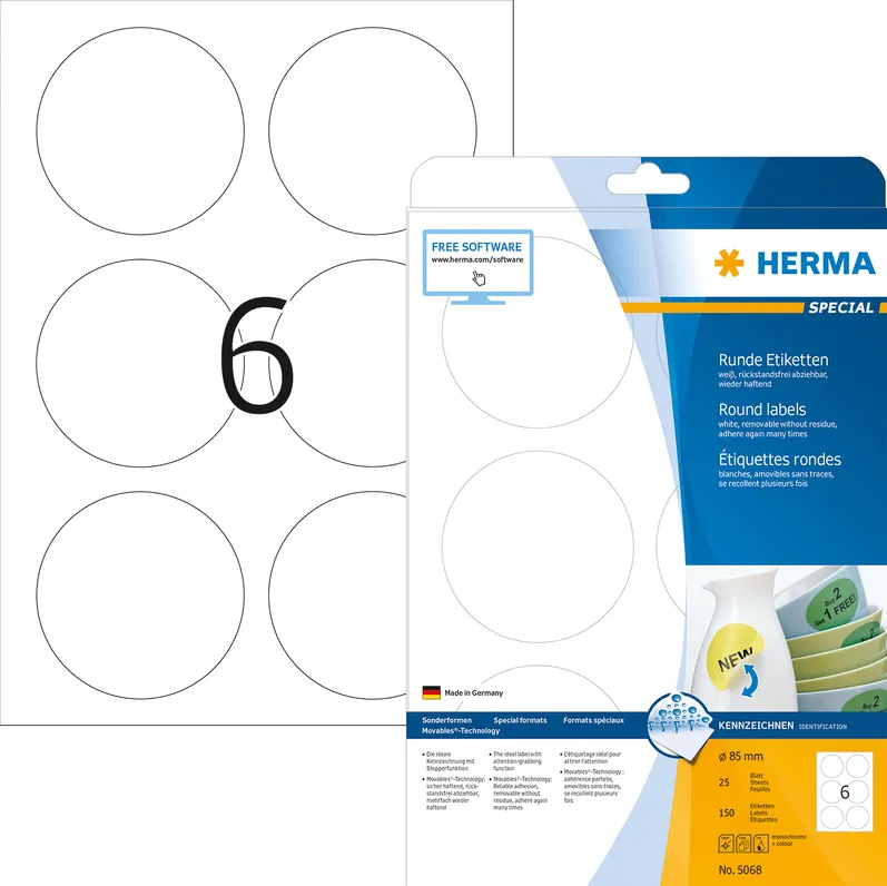 Etichete autoadezive rotunde Herma 5068 A4 85 mm alb detasabile 150 buc