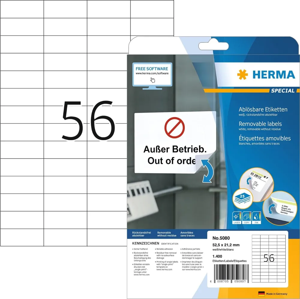 Etichete autoadezive Herma 5080 A4 52,5x21,2 mm alb detasabile 1400 buc