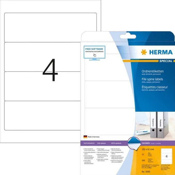 Etichete autoadezive pentru biblioraft Herma 5095 A4 192x61 mm alb opace 100 buc