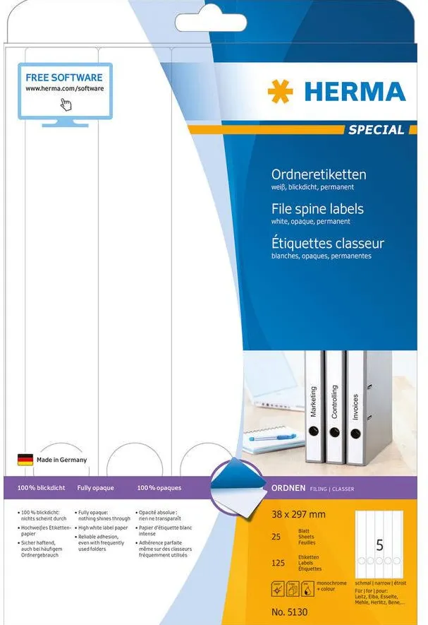 Etichete autoadezive pentru biblioraft Herma 5130 A4 38x297 mm alb opace 125 buc