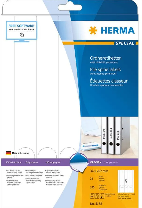 Etichete autoadezive pentru biblioraft Herma 5158 A4 34x297 mm alb opace 125 buc