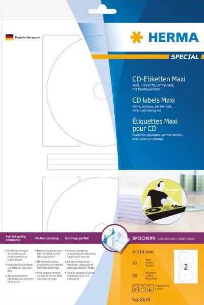 Etichete autoadezive pentru CD Herma Maxi 8624 A4 116 mm albe 20 buc