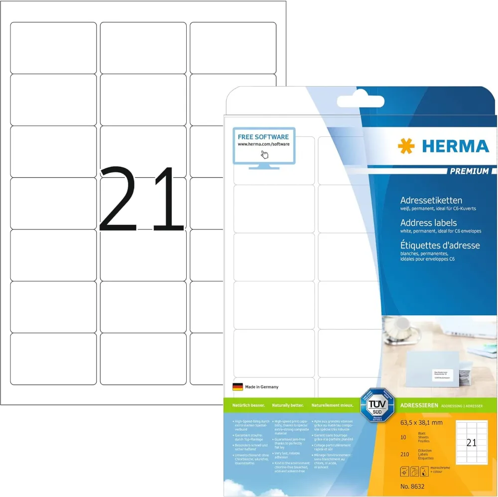 Etichete autoadezive pentru adrese Herma Premium 8632 A4 63,5 x 38,1 mm albe 210 buc