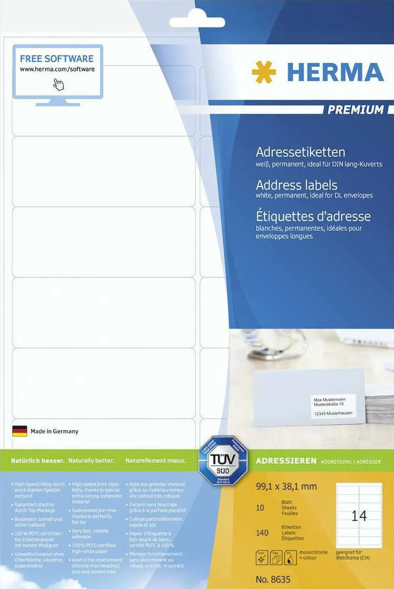 Etichete autoadezive pentru adrese Herma 8635 A4 99,1 x 38,1 mm albe 140 buc