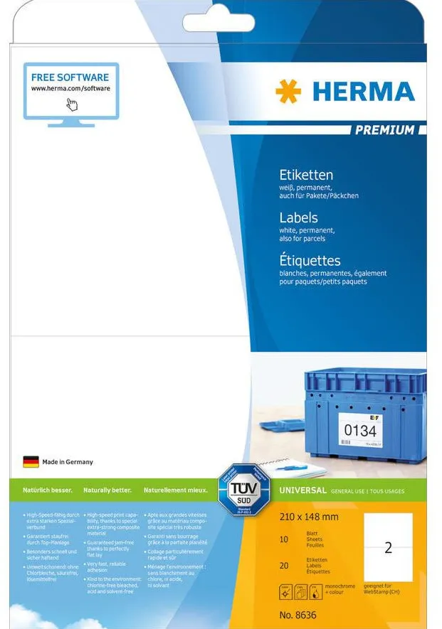 Etichete autoadezive Herma Premium 8636 A4 210 x 148 mm albe 20 buc