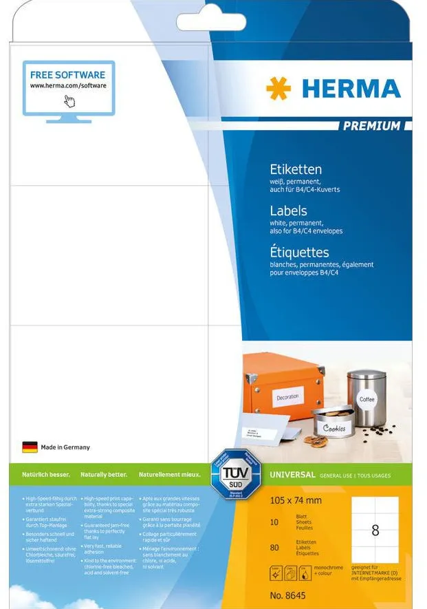 Etichete autoadezive Herma Premium 8645 A4 105 x 74 mm albe 80 buc