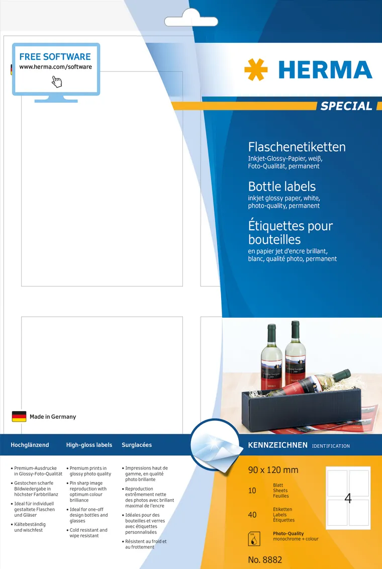 Etichete autoadezive pentru sticle Herma 8882 A4 inkjet 90 x 120 mm albe lucioase 40 buc
