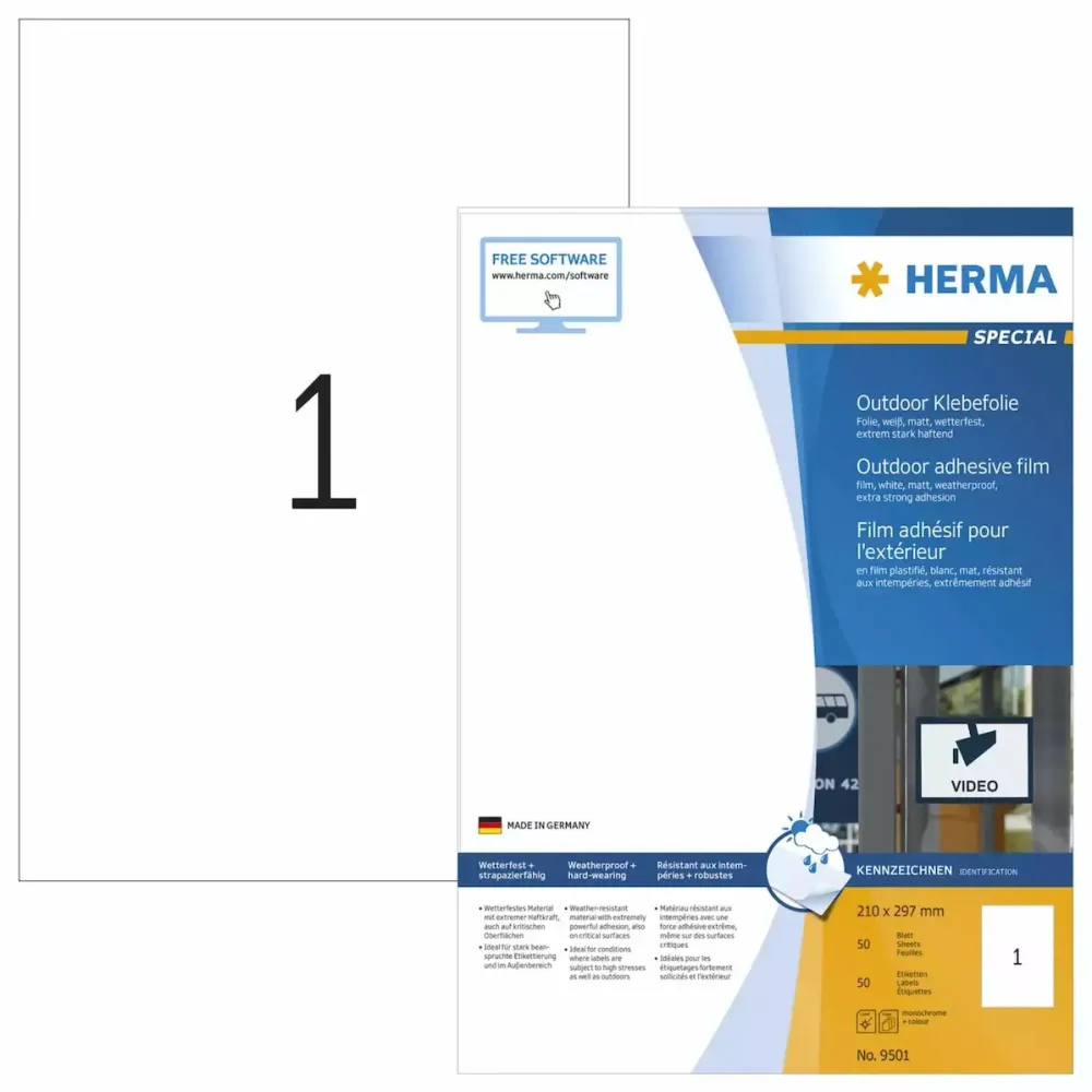 Etichete autoadezive pentru exterior Herma 9501 folie A4 210 x 297 mm albe 50 buc