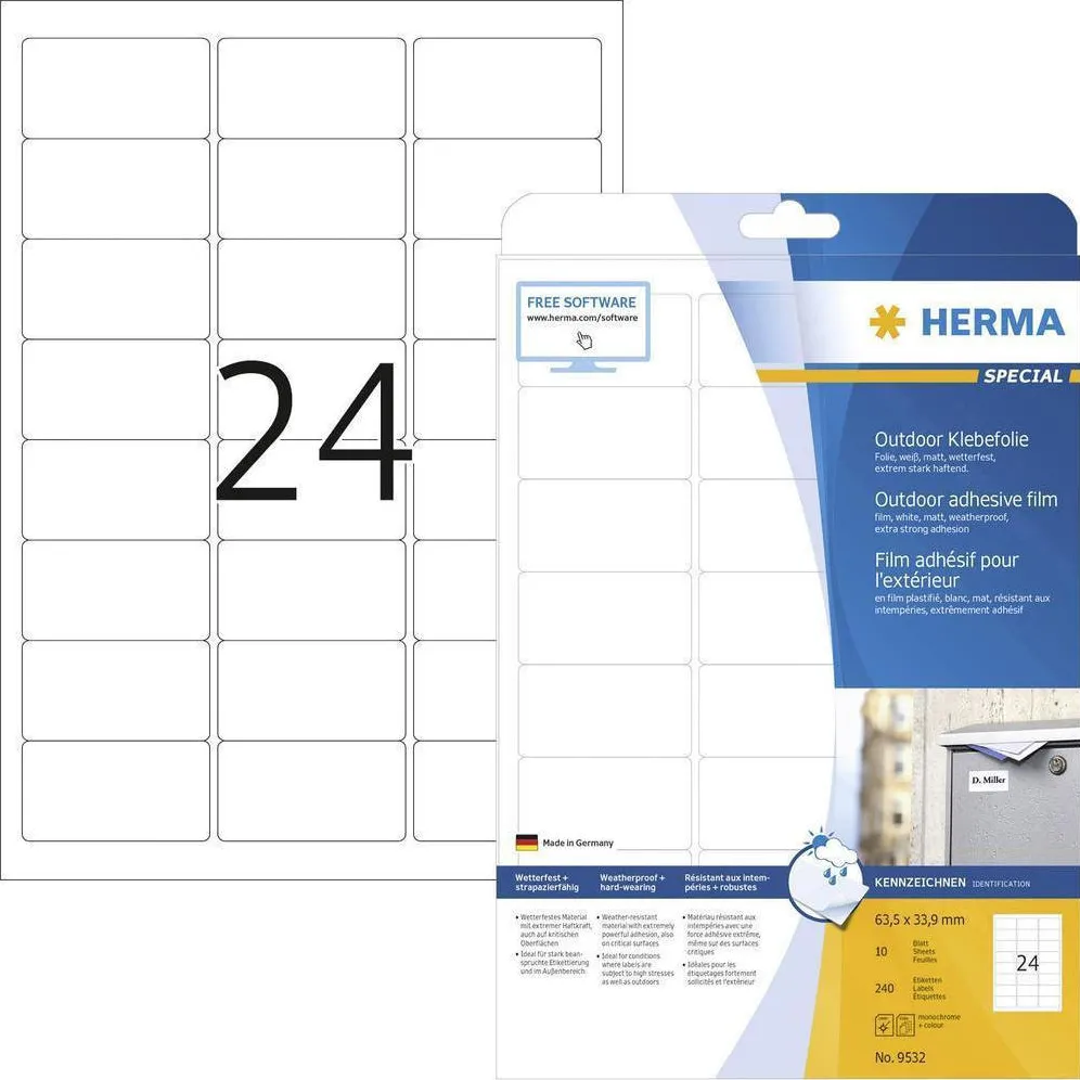 Etichete autoadezive pentru exterior Herma 9532 folie A4 63,5 x 33,9 mm albe 240 buc