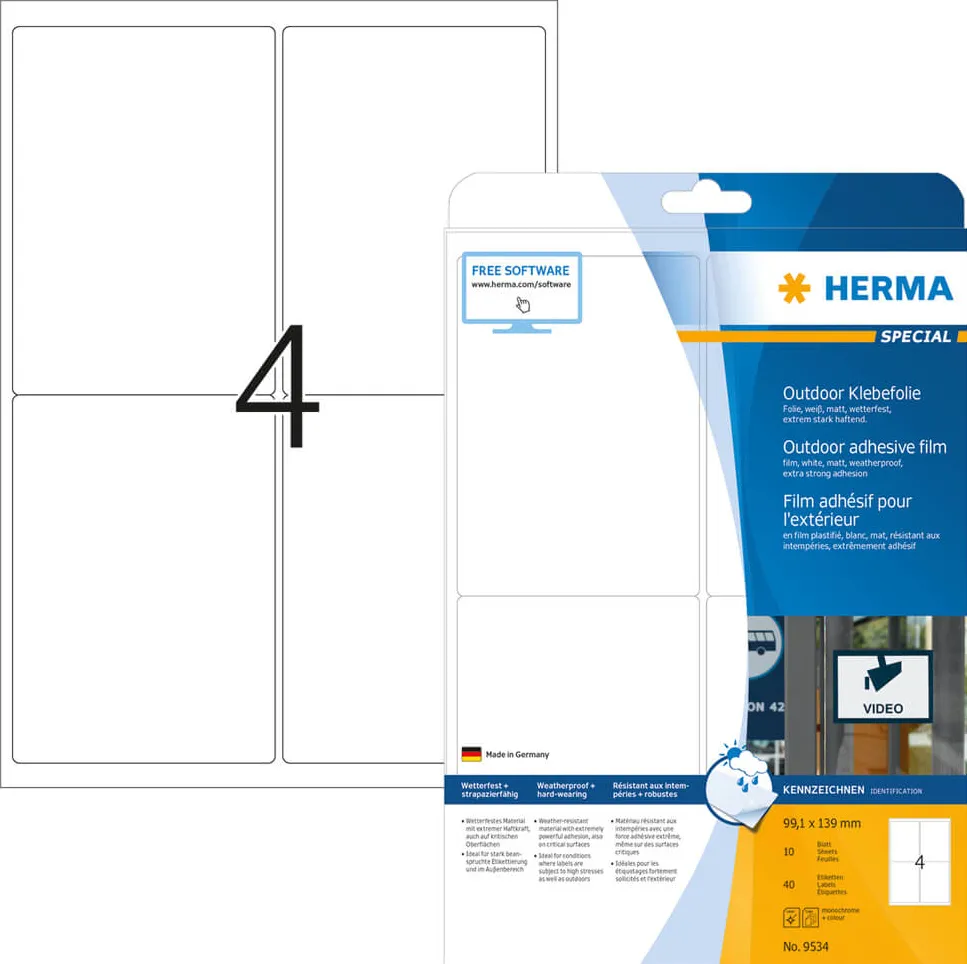 Etichete autoadezive pentru exterior Herma 9534 folie A4 99,1 x 139 mm albe 40 buc