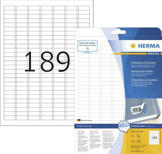 Etichete autoadezive detasabile Herma 10001 A4 25,4 x 10 mm albe 4725 buc