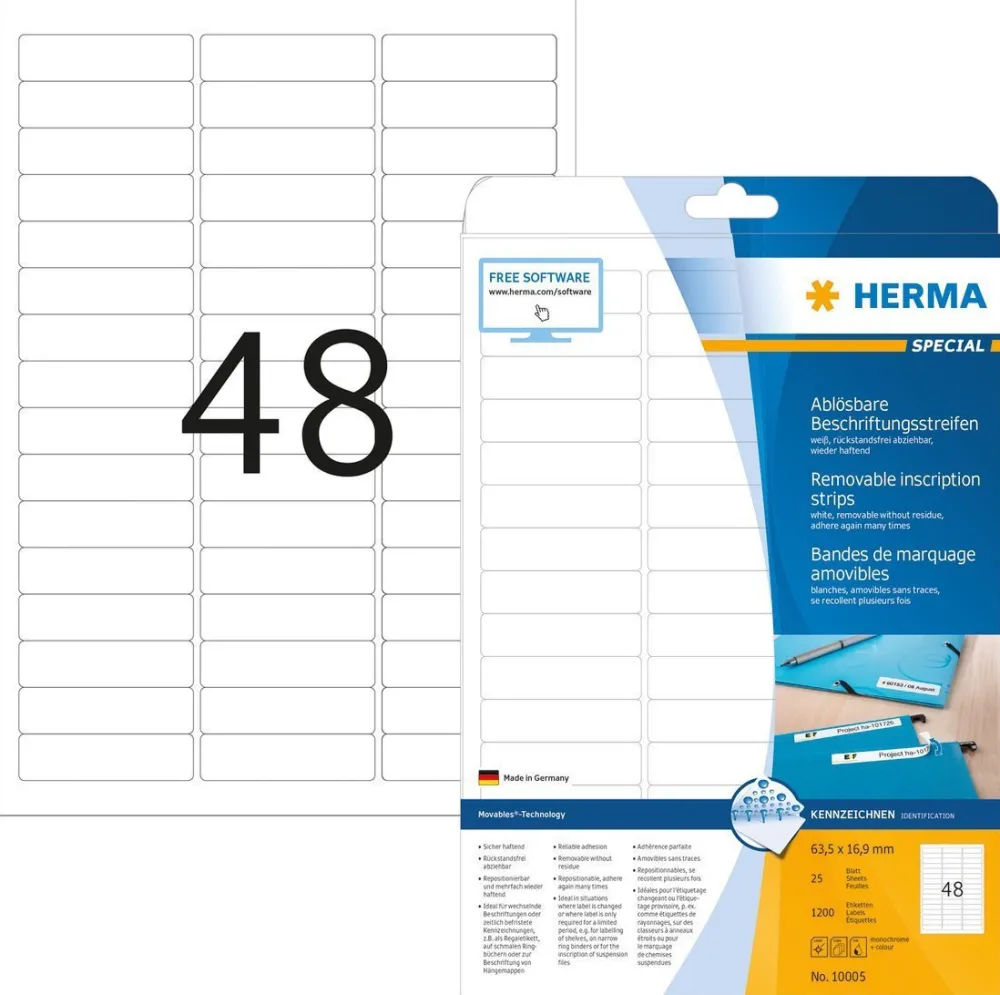 Etichete autoadezive detasabile tip banda Herma 10005 A4 63,5 x 16,9 mm albe 1200 buc