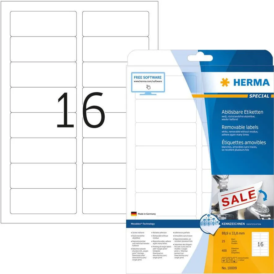 Etichete autoadezive detasabile Herma 10009 A4 88,9 x 33,8 mm albe 400 buc