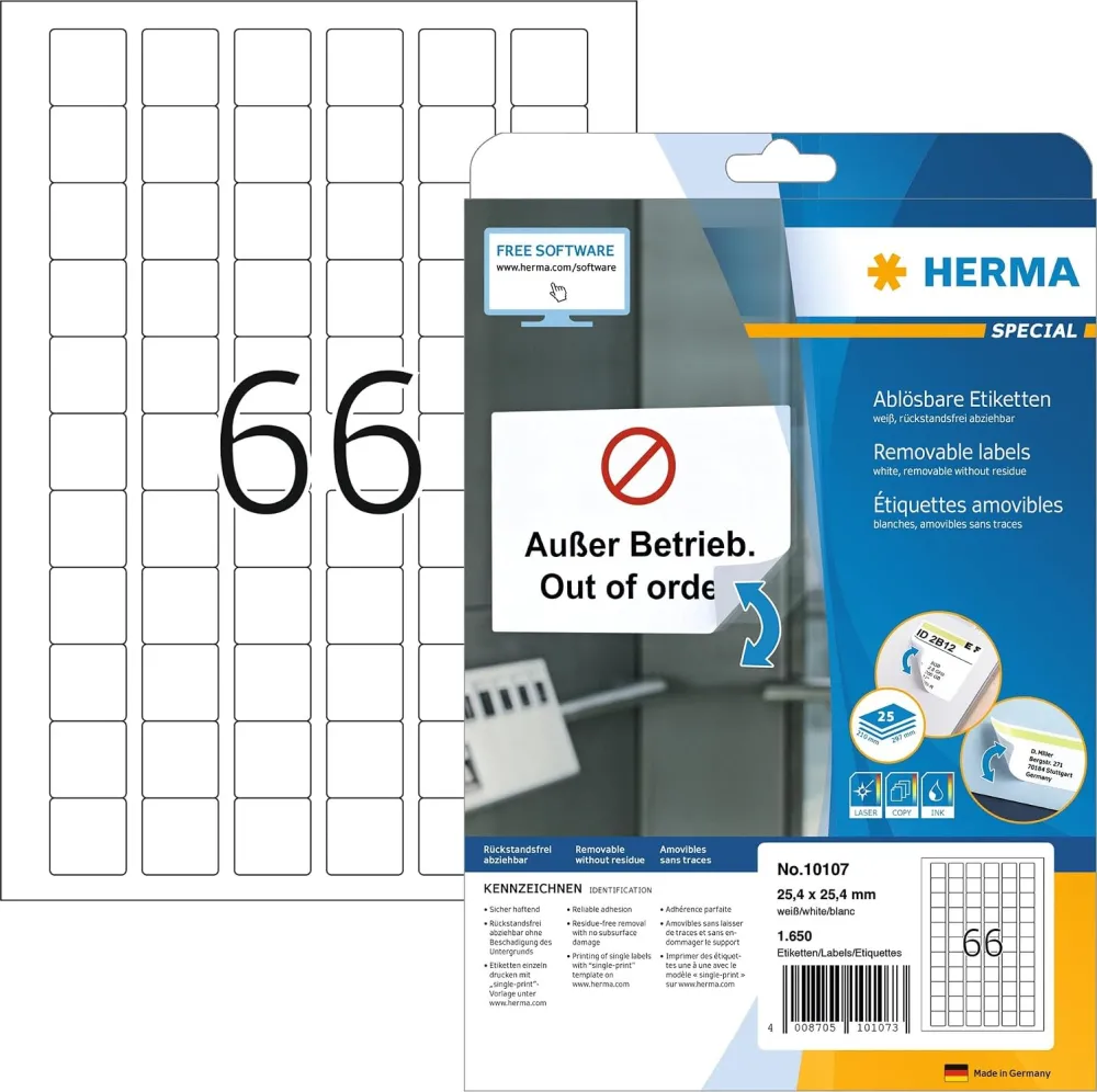 Etichete autoadezive detasabile Herma 10107 A4 25,4 x 25,4 mm patrate albe 1650 buc