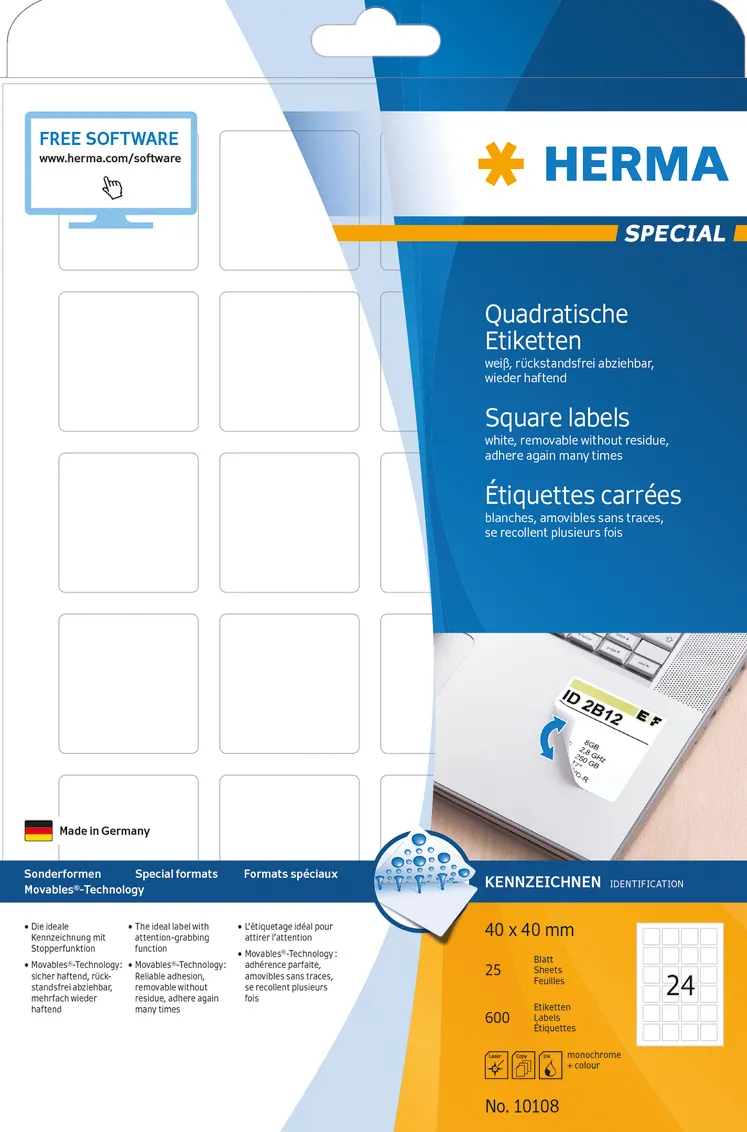 Etichete autoadezive detasabile Herma 10108 A4 40 x 40 mm patrate albe 600 buc