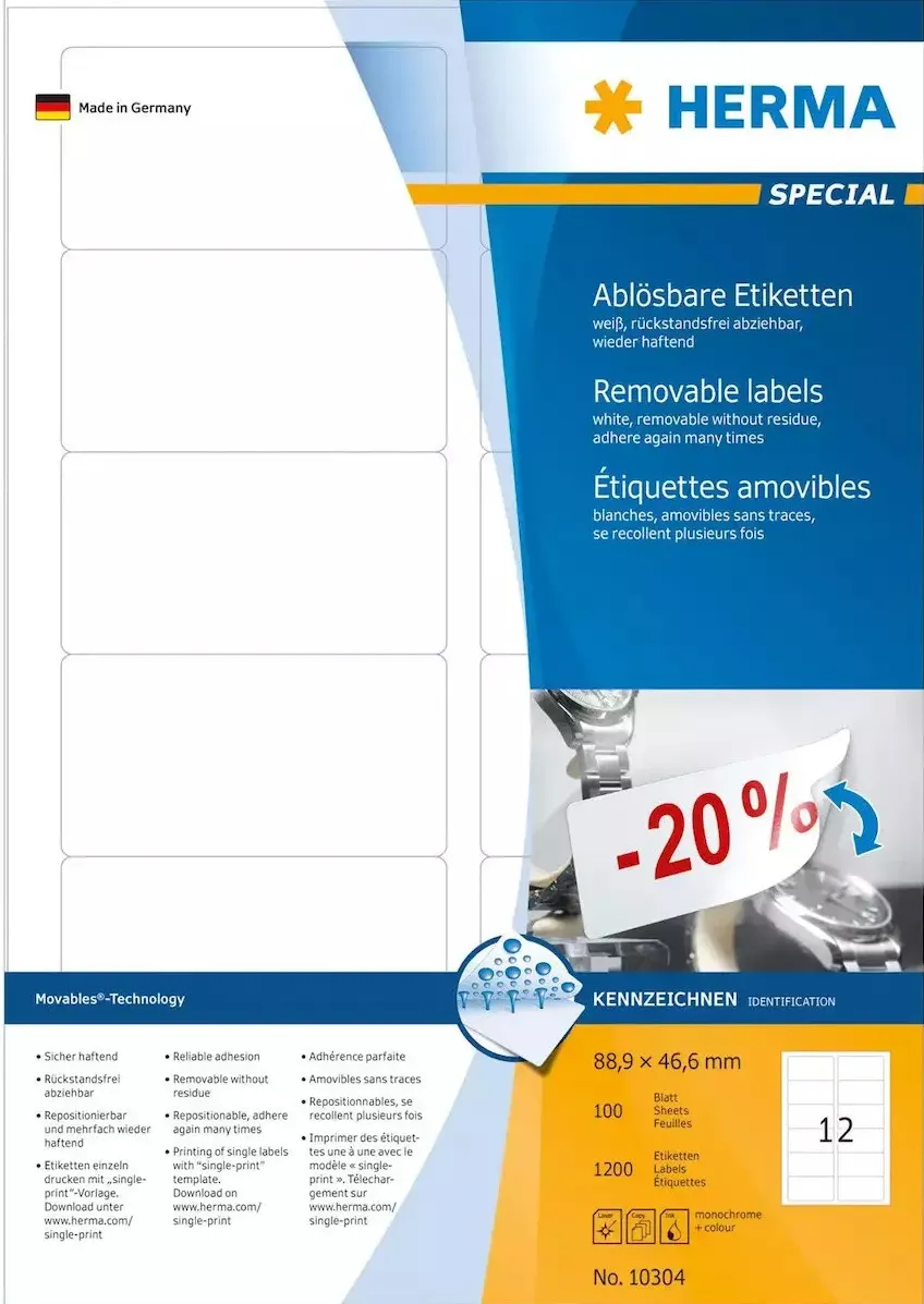 Etichete autoadezive detasabile Herma 10304 A4 88,9 x 46,6 mm albe 1200 buc