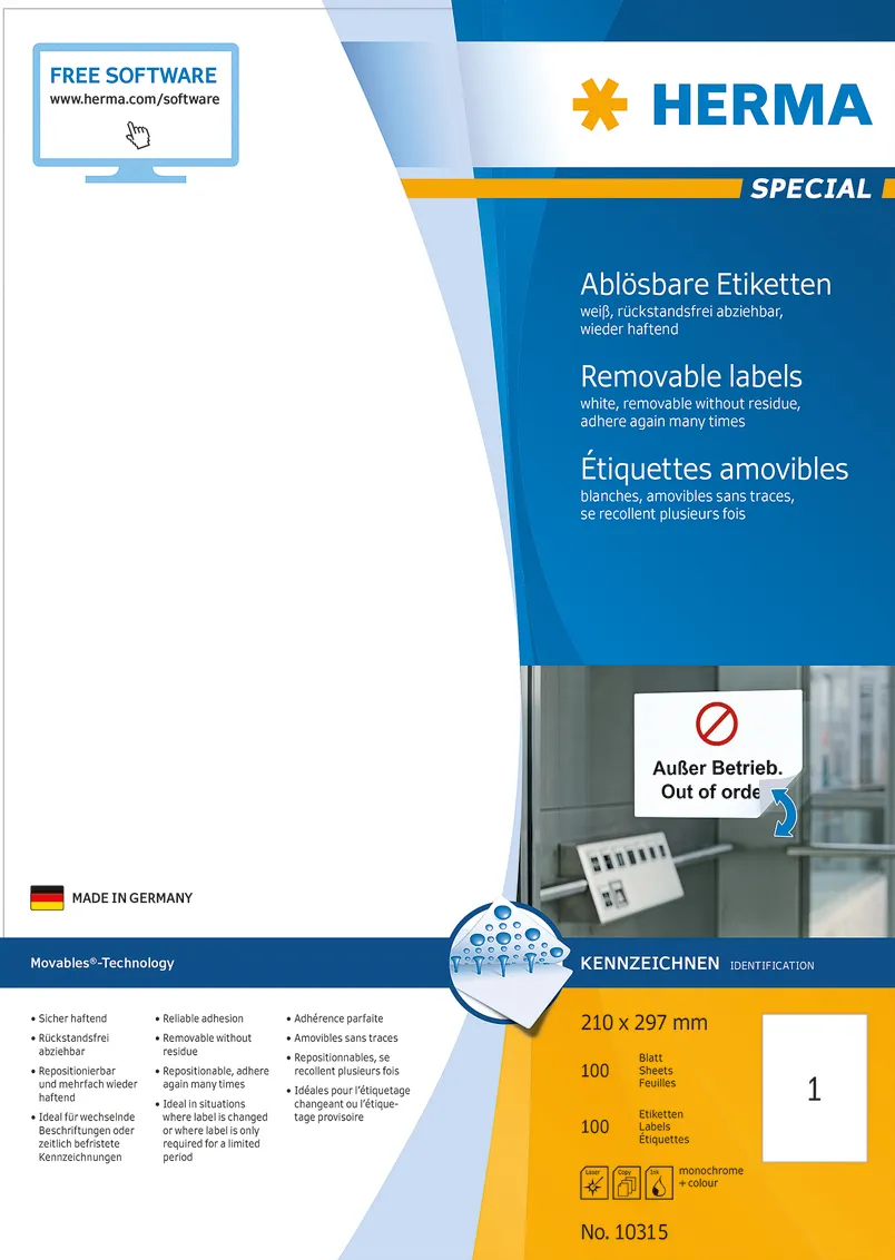 Etichete autoadezive detasabile Herma 10315 A4 210 x 297 mm albe 100 buc