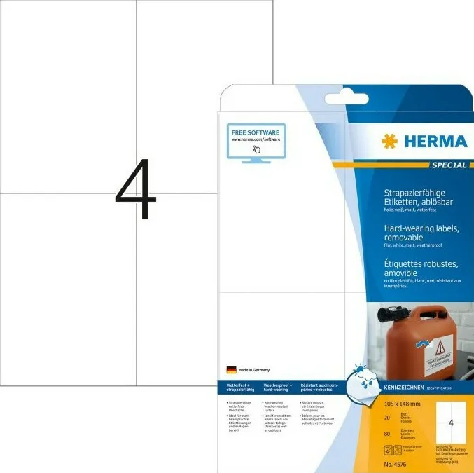 Etichete autoadezive din folie detasabile Herma 4576 A4 105 x 148 mm albe 80 buc