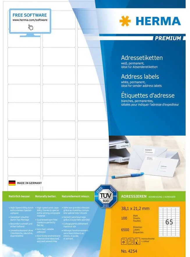 Etichete autoadezive pentru adrese Herma 4254 A4 38,1 x 21,2 mm albe 6500 buc