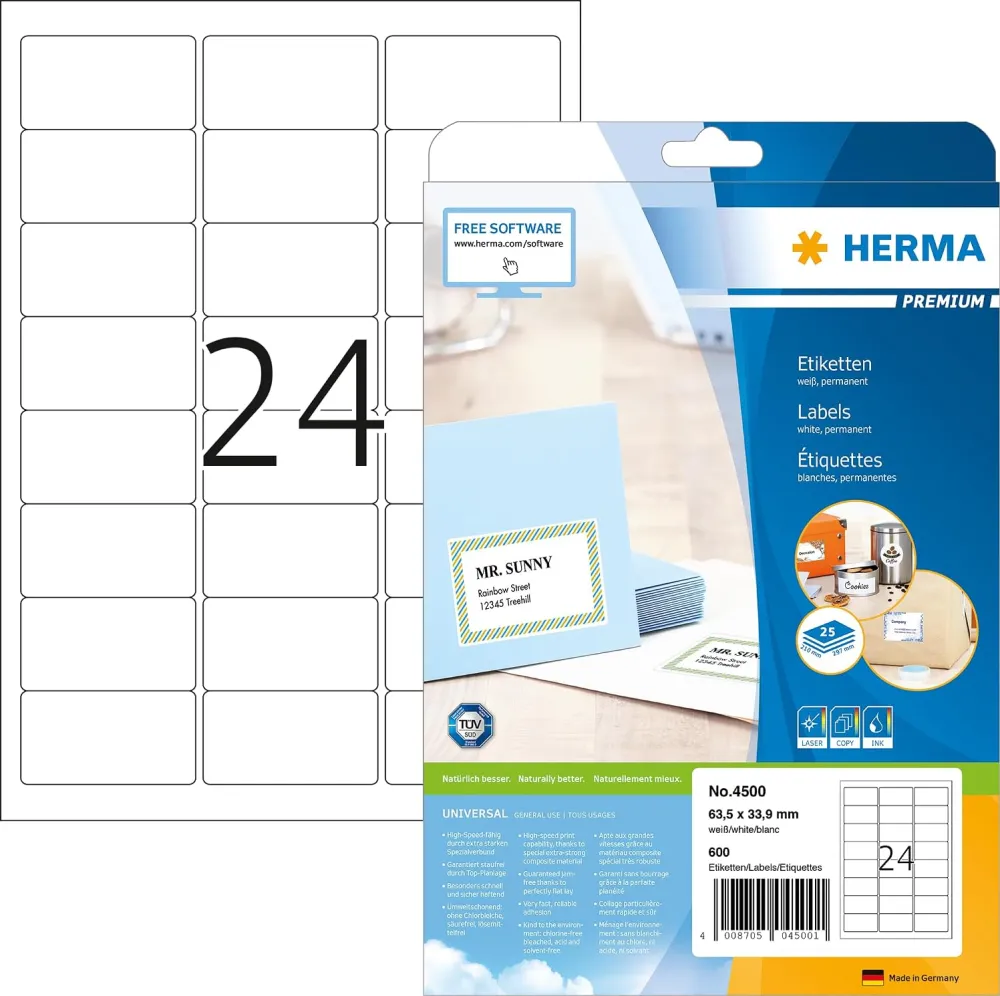 Etichete autoadezive pentru adrese Herma Premium 4500 A4 63,5 x 33,9 mm albe 600 buc