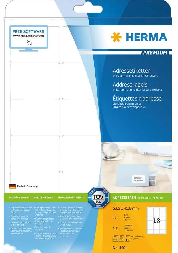 Etichete autoadezive pentru adrese Herma Premium 4501 A4 63,5 x 46,6 mm albe 450 buc