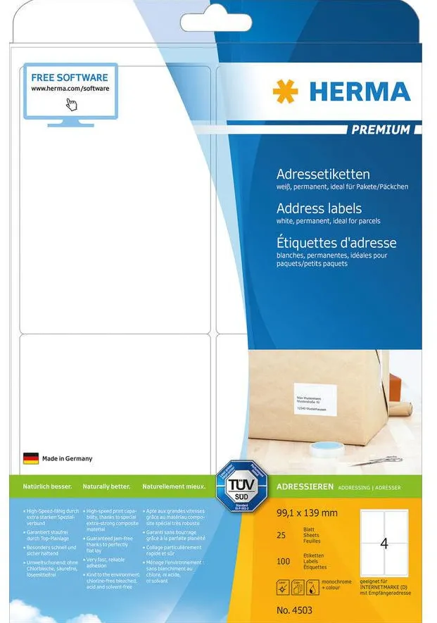 Etichete autoadezive pentru adrese Herma Premium 4503 A4 99,1 x 139 mm albe 100 buc