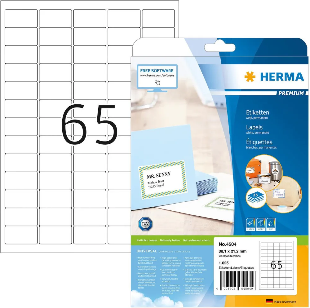 Etichete autoadezive pentru adrese Herma Premium 4504 A4 38,1 x 21,2 mm albe 1625 buc