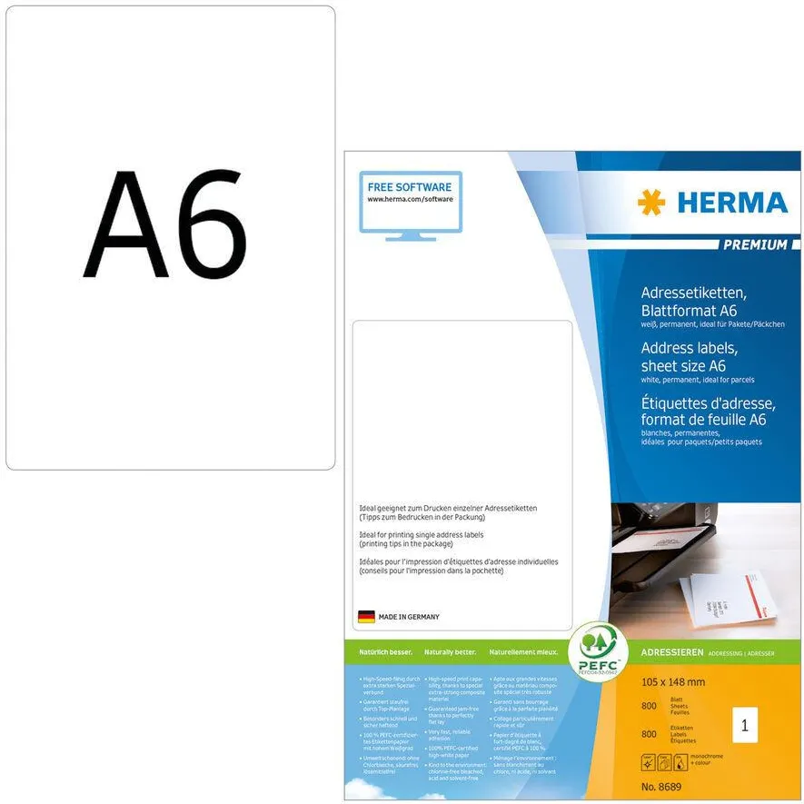 Etichete autoadezive pentru adrese Herma Premium 8689 A6 105 x 148 mm albe 800 buc