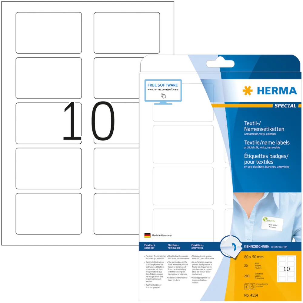 Etichete autoadezive textile pentru nume Herma 4514 A4 80 x 50 mm albe 200 buc