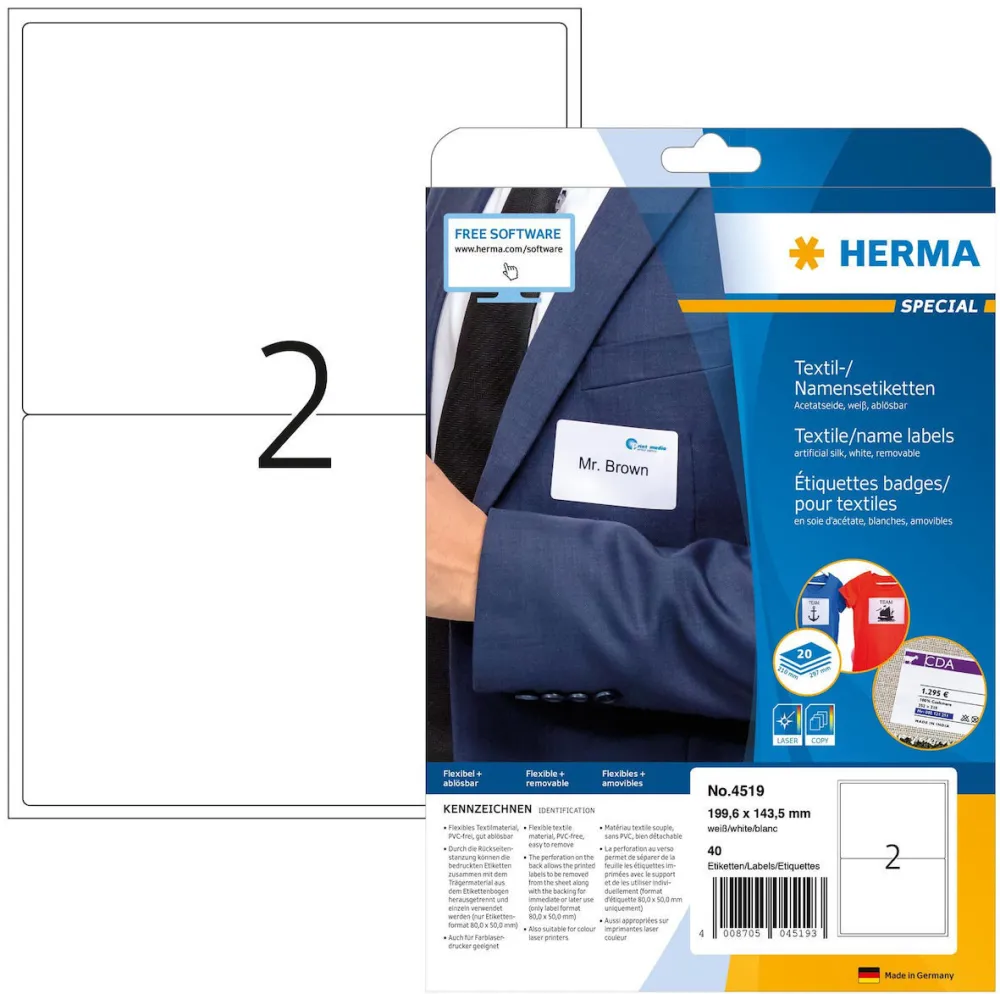 Etichete autoadezive textile pentru nume Herma 4519 A4 199,6 x 143,5 mm albe 40 buc