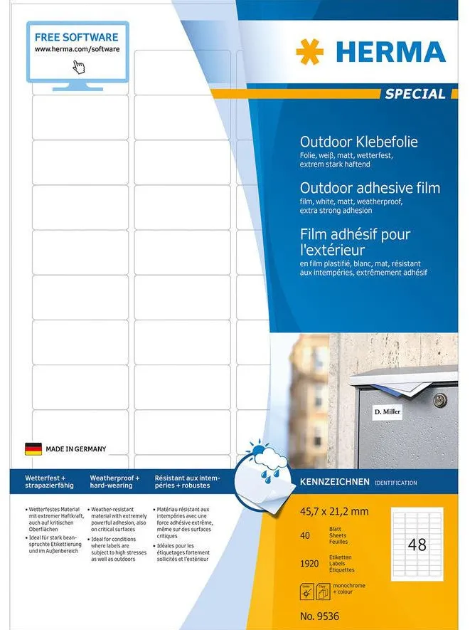 Etichete autoadezive pentru exterior Herma 9536 folie A4 45,7 x 21,2 mm albe 1920 buc