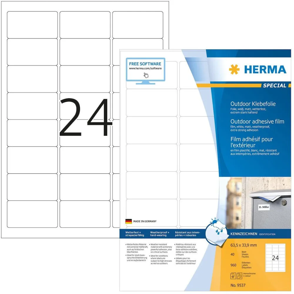 Etichete autoadezive pentru exterior Herma 9537 folie A4 63,5 x 33,9 mm albe 960 buc
