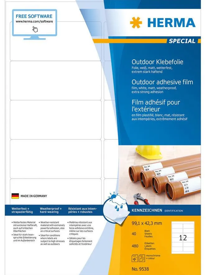 Etichete autoadezive pentru exterior Herma 9538 folie A4 99,1 x 42,3 mm albe 480 buc